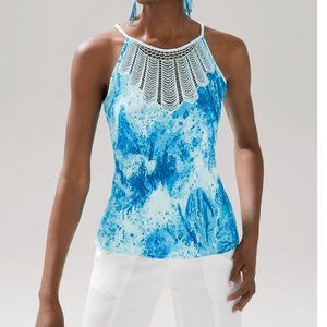 White House Black Market Embroidered Halter Top Sleeveless Blue Size M